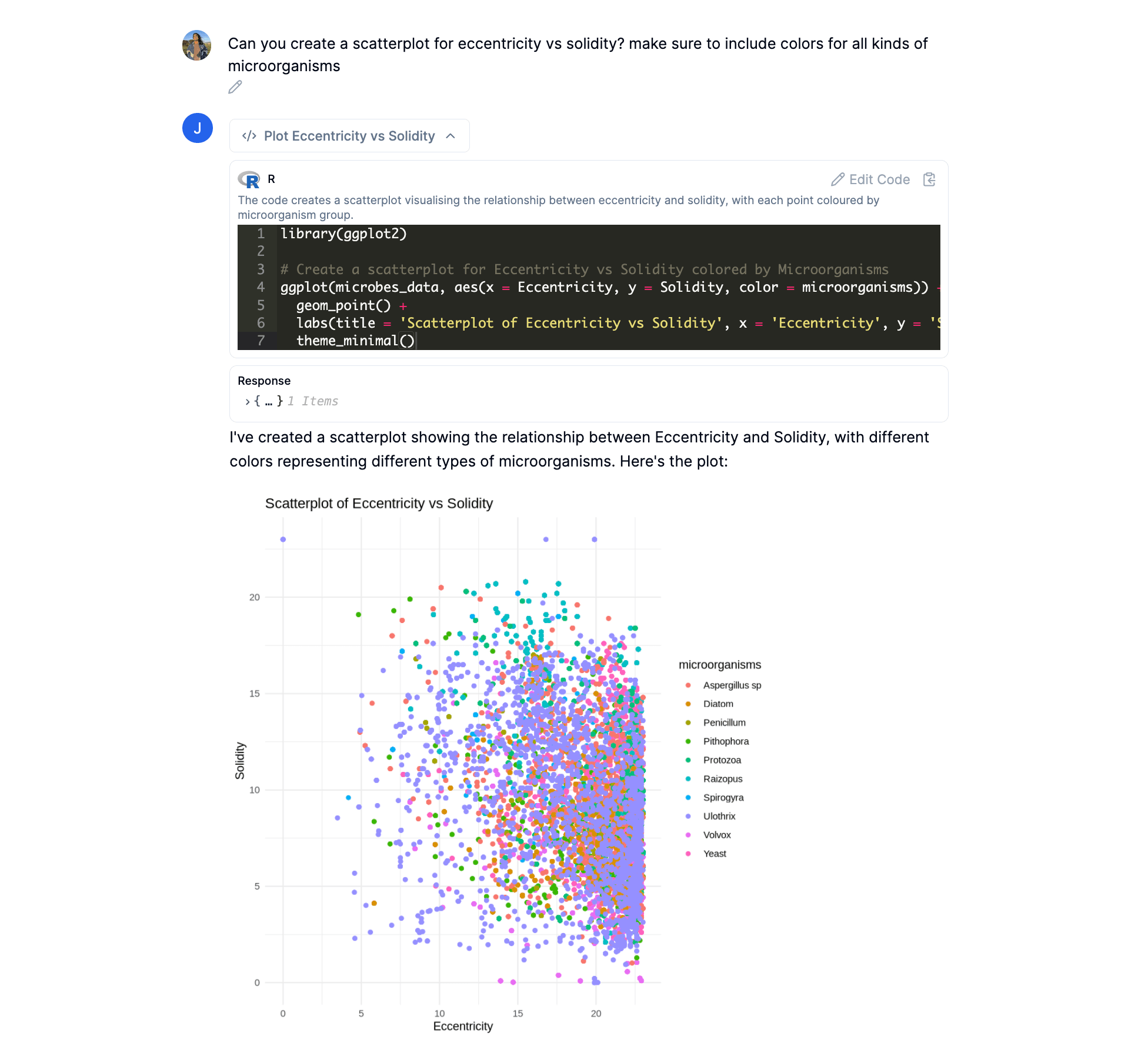 AI-generated R code producing a colorful scatter plot.