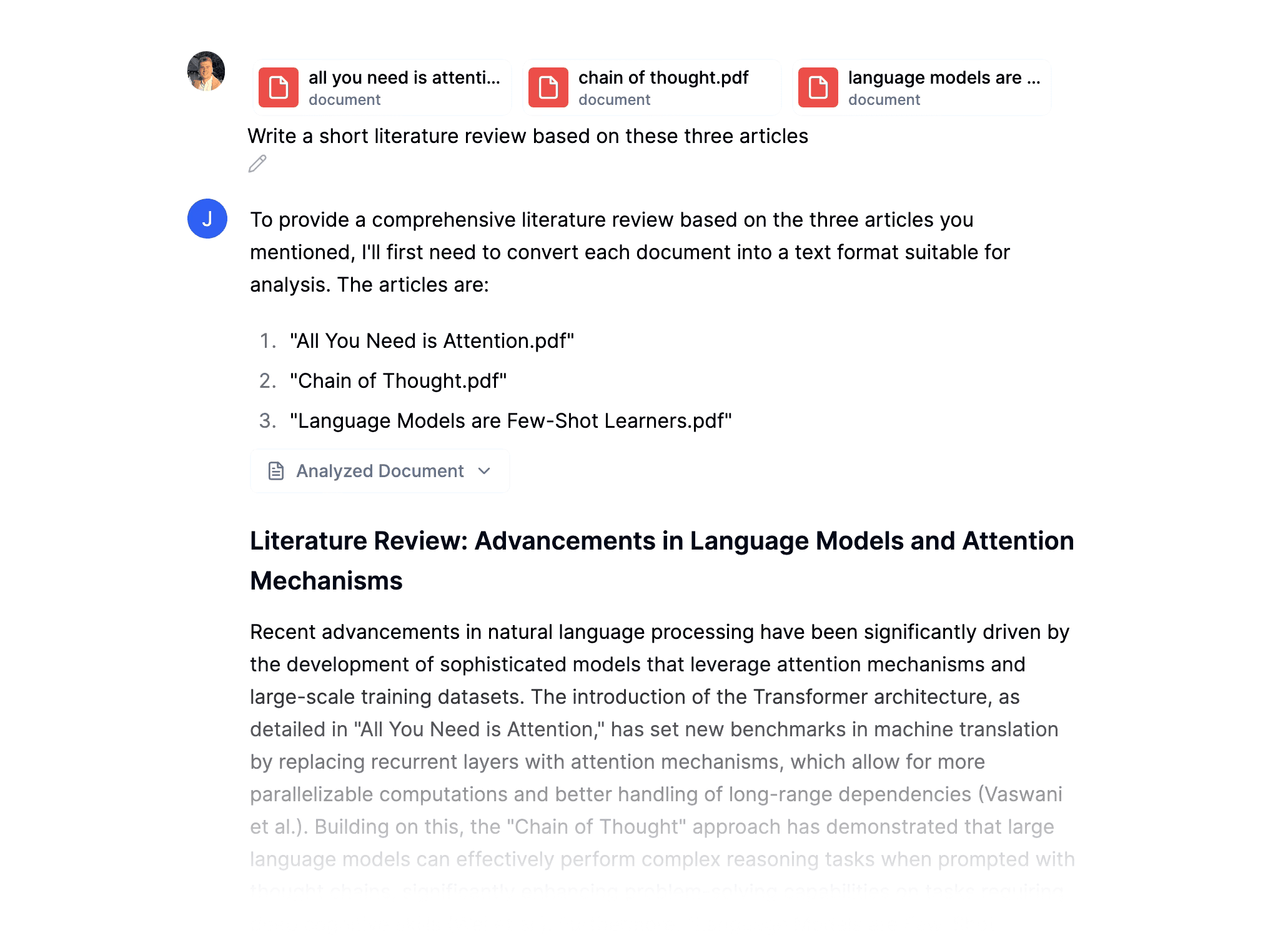 AI-generated literature review from multiple machine learning article PDFs.