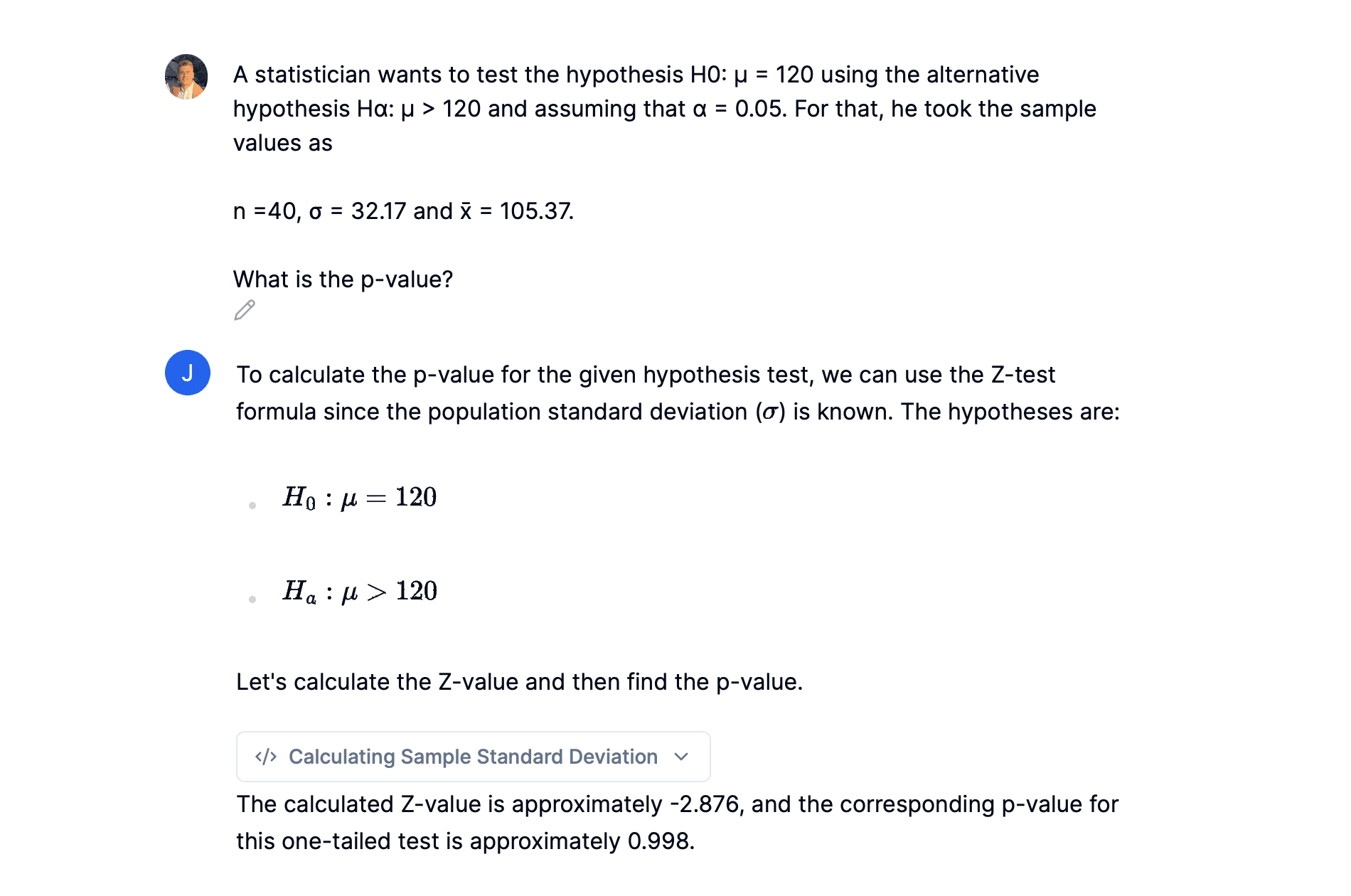 AI calculating the p-value for a given set of values.