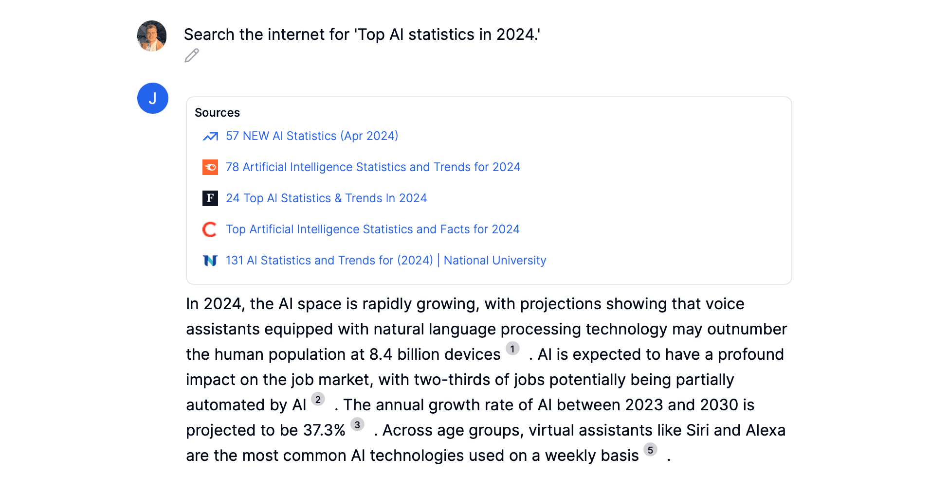 AI chatbot performing search for 'Top AI statistics in 2024.'